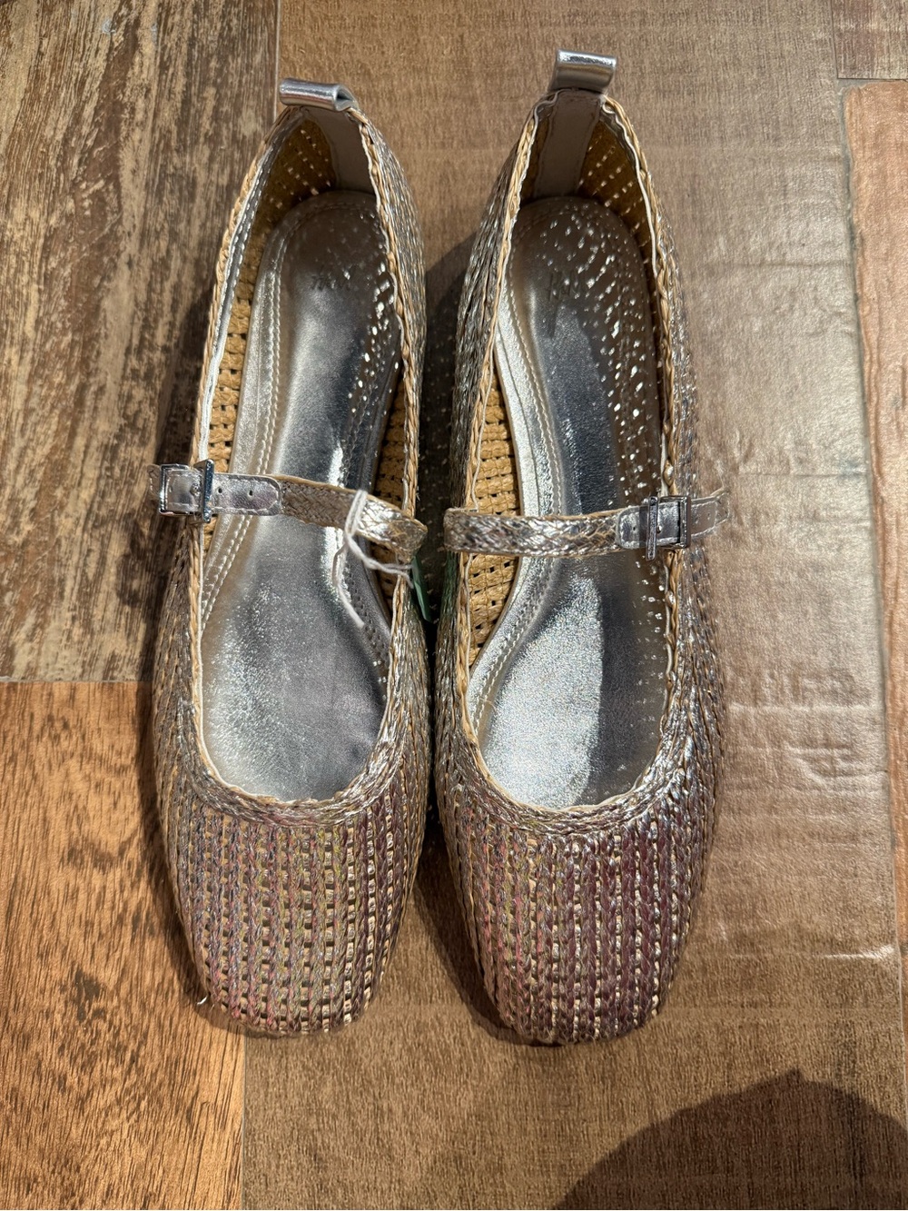H&M Iridescent Woven Mary Jane Flats in Silver and Brown